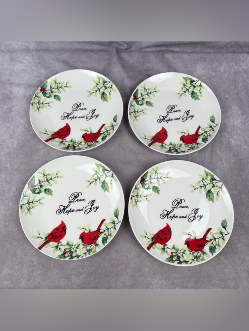 Set of 4 Holiday Cardinal Dessert Plates - "Peace, Hope and Joy"